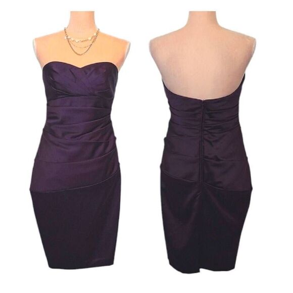 David's Bridal Purple Satin Ruched Strapless Formal Mini Dress Size 8 - Picture 8 of 15